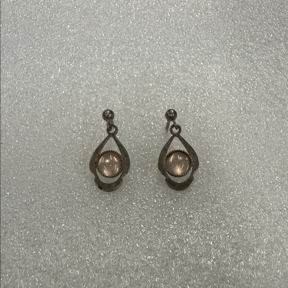 925 Sterling Silver Teardrop Earrings with Pale Pink Cabochon Stones